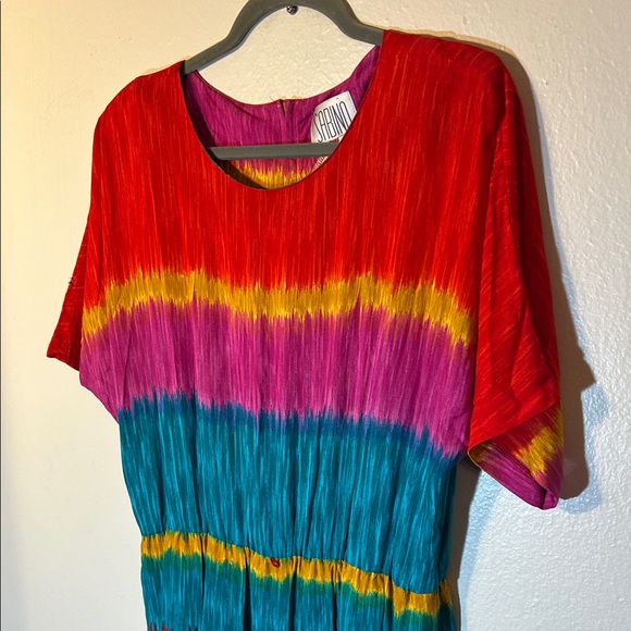 Sabino Vintage 80s Red Colorful Stripe Art Short Sleeve Maxi Dress Large XL - Picture 3 of 8